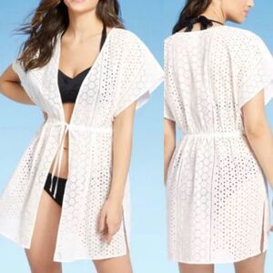 Kona Sol Cotton white Eyelet open front swimsuit coastal beachy Cover Up S/M